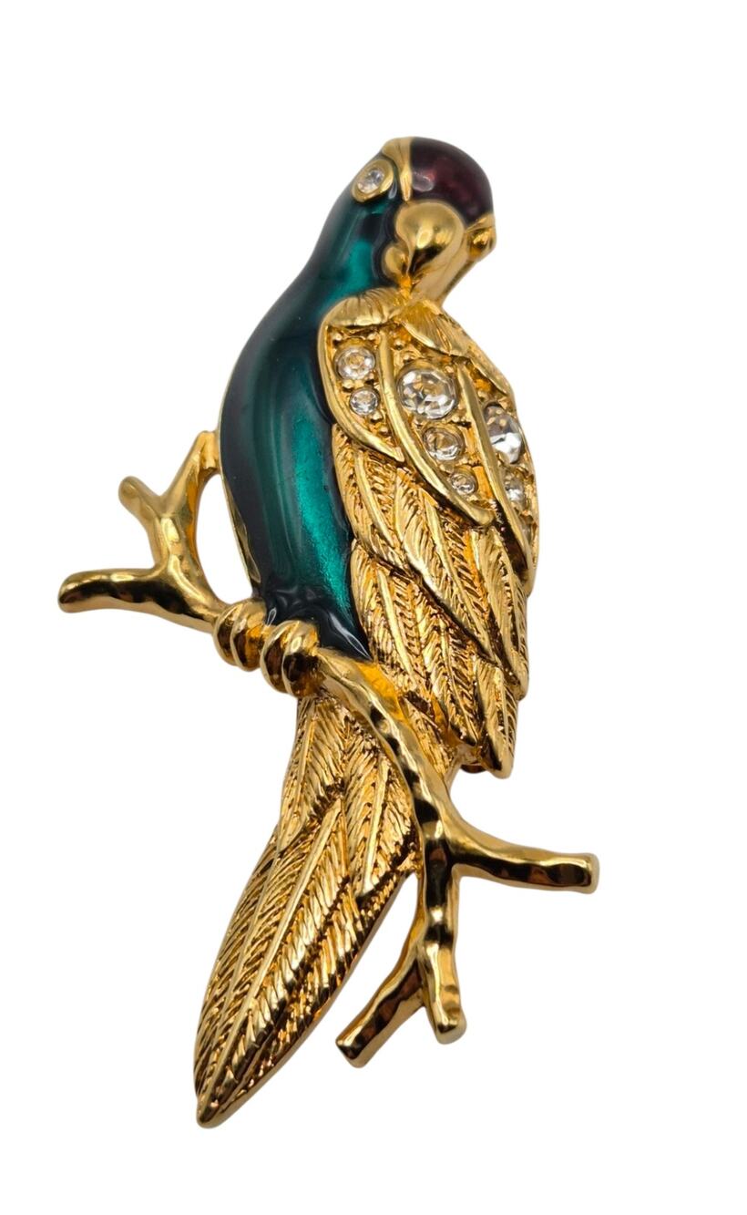Vintage Avon Parrot Bird Brooch Green Enamel Rhinestone Gold Tone Pin